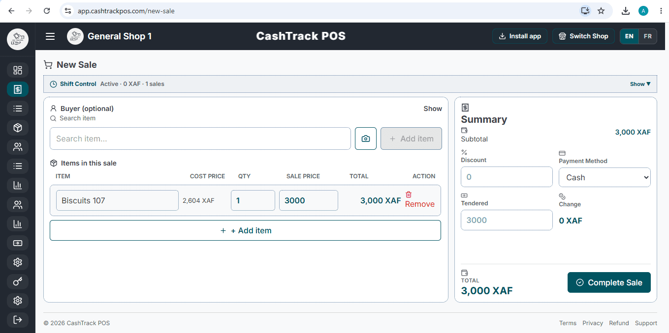 CashTrackPOS inventory and sales interface