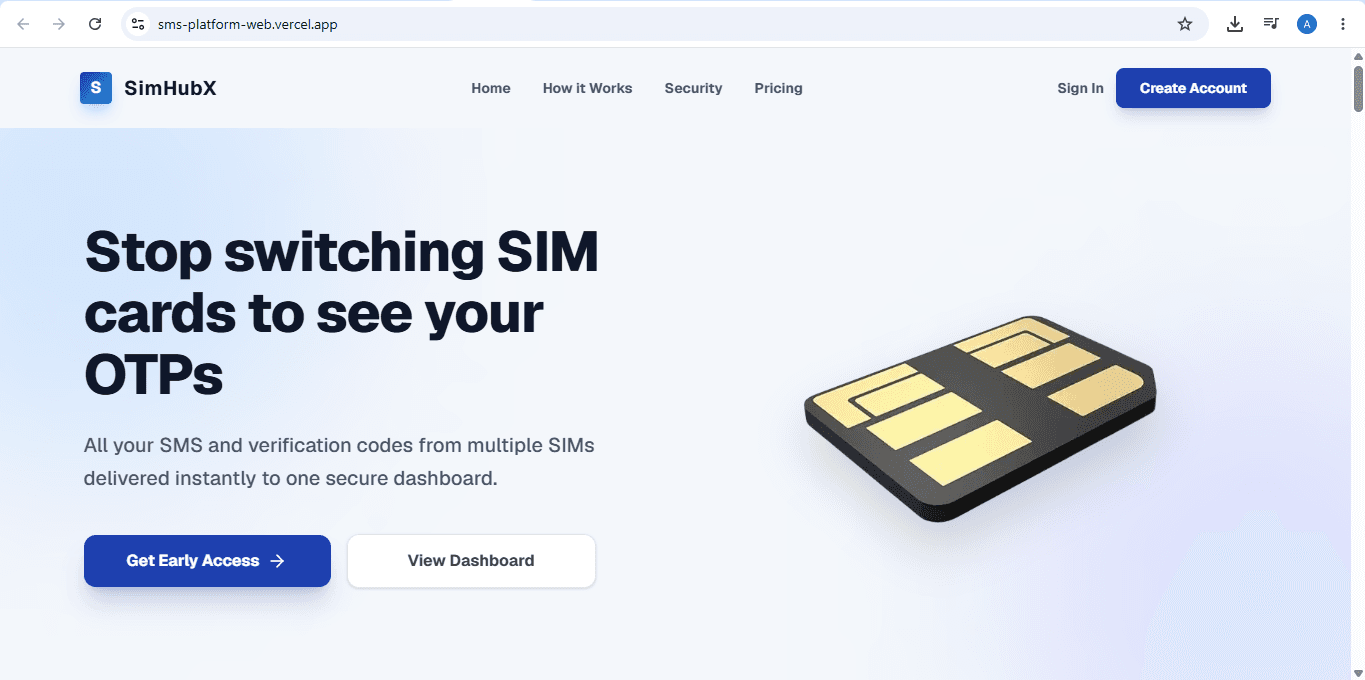 SimHubX concept for receiving OTP messages from multiple SIM cards in one dashboard